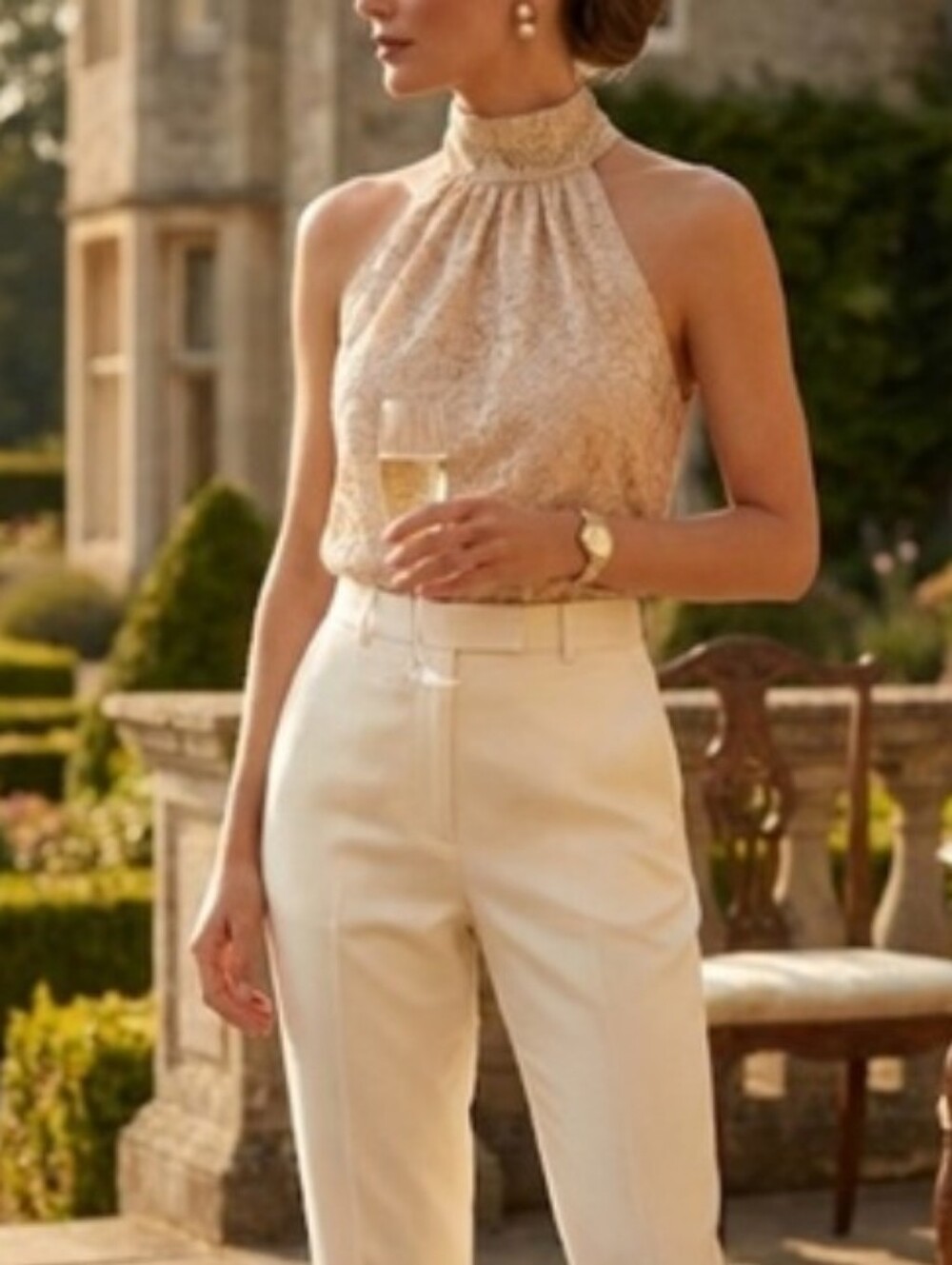 J. Crew chic halter lace top in a metallic and soft cream tone